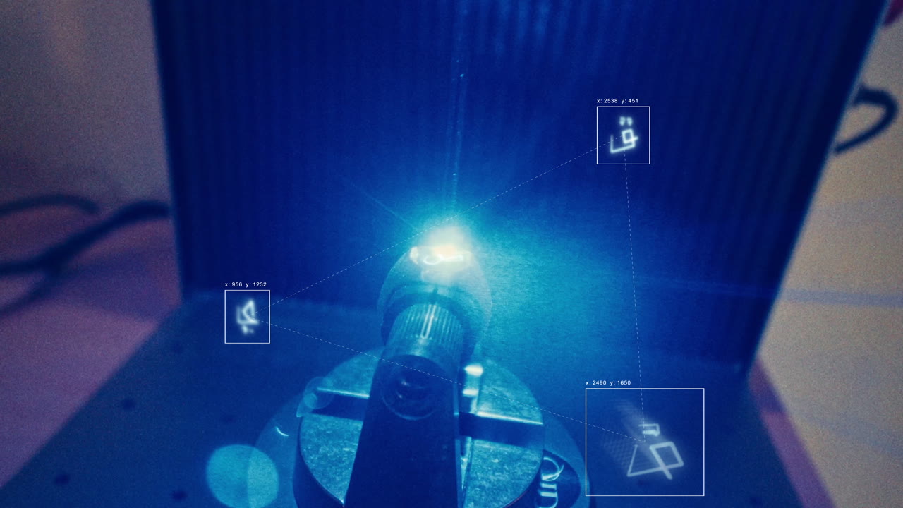 Myst — glowing symbols tracked around a practical macro lens