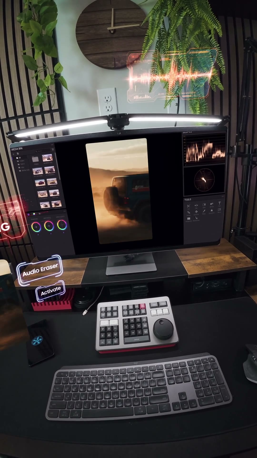 The finished desk setup: floating UI panels parallaxing around the monitor, with the Audio Eraser card waiting to be activated.