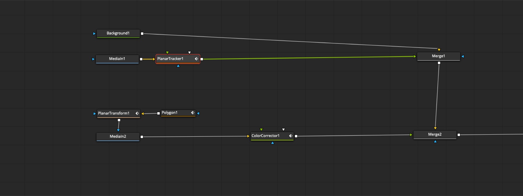 The full Fusion node graph combining two MediaIns, a Planar Tracker, a Polygon driven by a Planar Transform, a masked ColorCorrector, and two Merges.